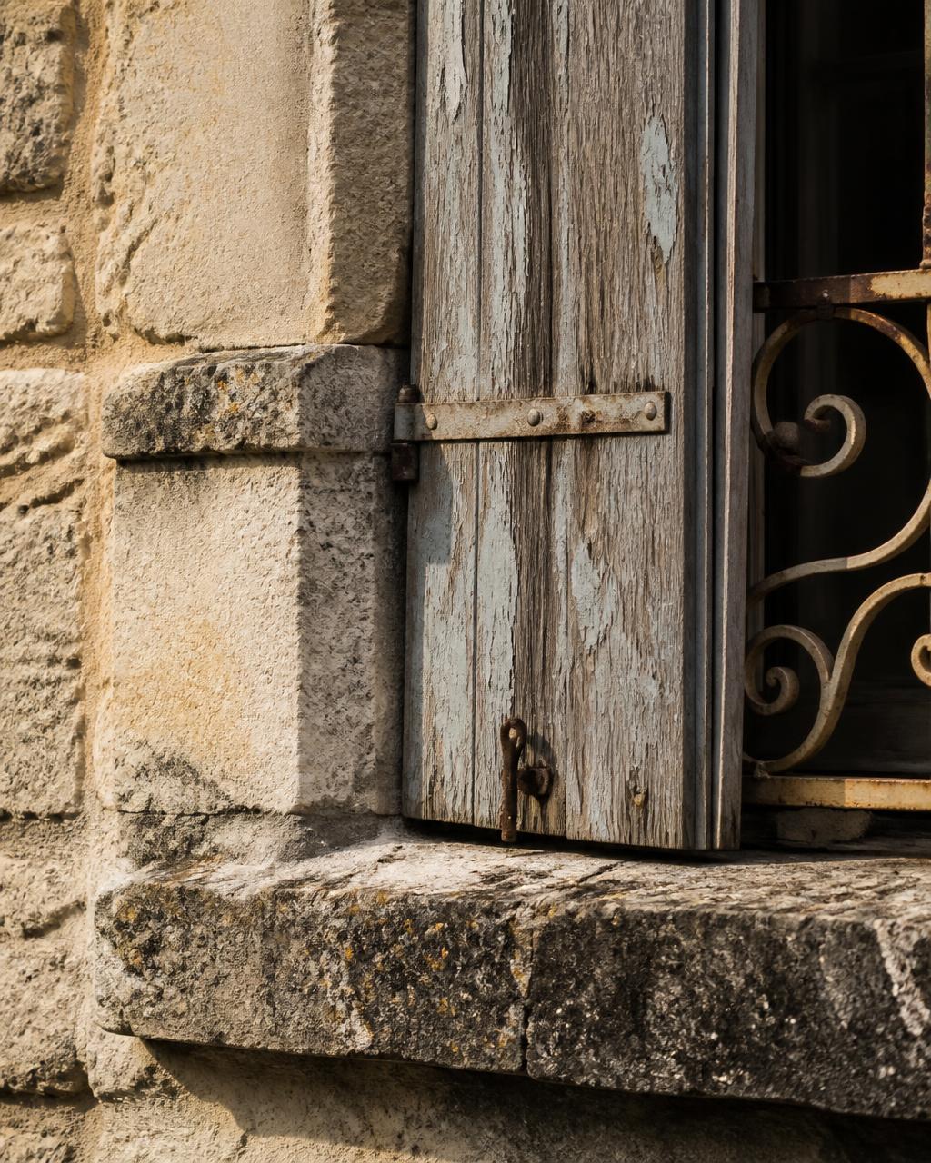 Detail of weathered limestone masonry meeting a timber shutter and wrought-iron grille on a French estate