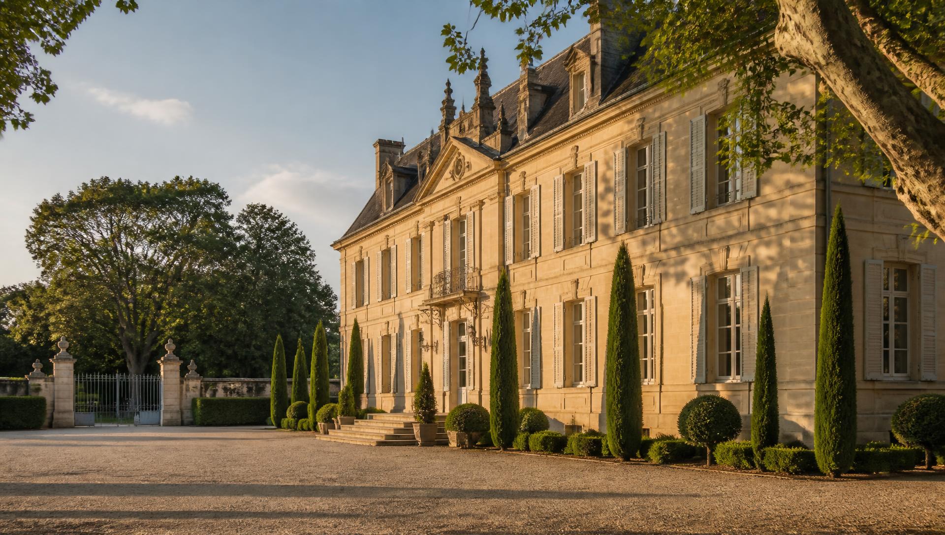 Limestone French château estate with shuttered windows and a cypress-lined gravel forecourt at golden hour